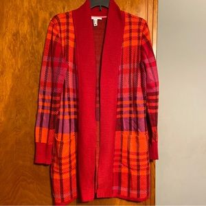 Isaac Mizrahi Red Plaid Open Front Pockets Duster Cardigan Sweater Size XS